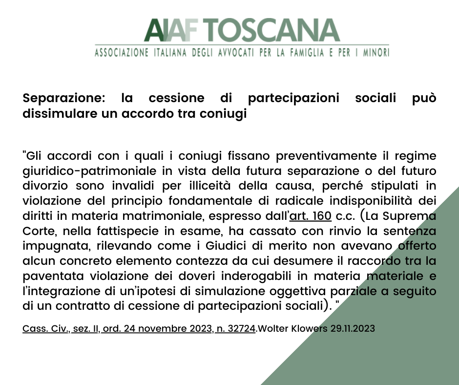 Rassegna Giurisprudenziale: Separazione: la cessione di partecipazioni sociali può dissimulare un accordo tra coniugi